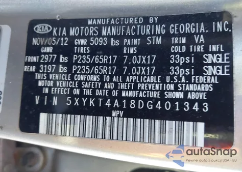 2013 Kia Sorento Lx z USA, uszkodzony, nr VIN 5XYKT4A18DG401343